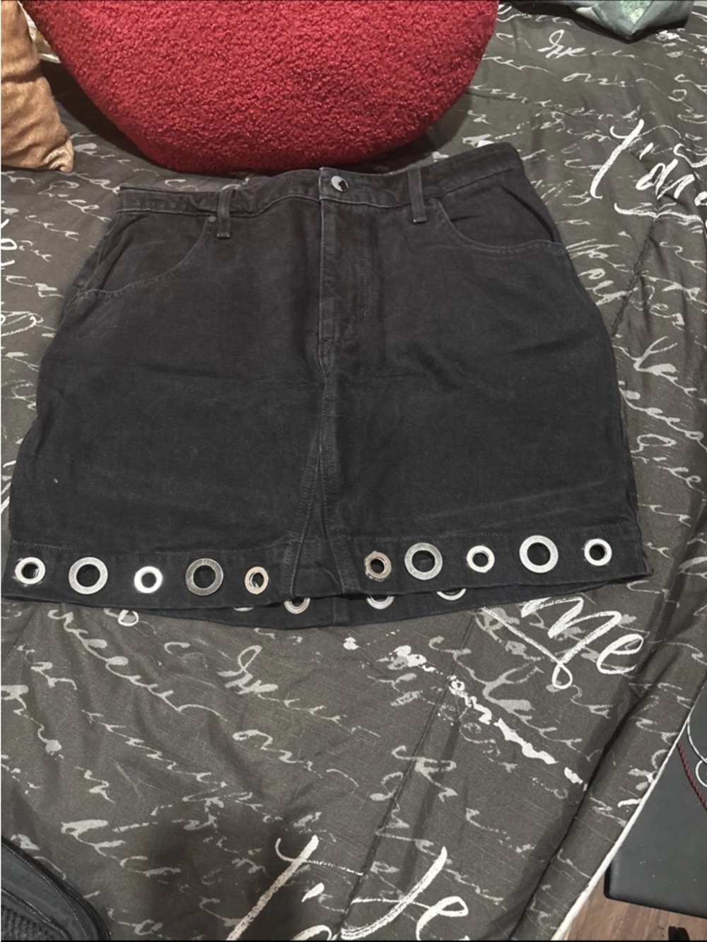 Guess Black Denim Mini Skirt with Silver Eyelet Hardware